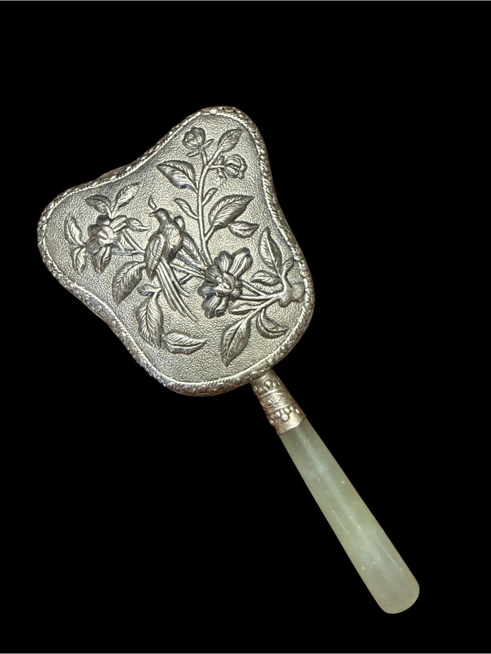 Vintage Chinese Silver Repousse Hand Mirror Green Jade Handle Asian Vanity